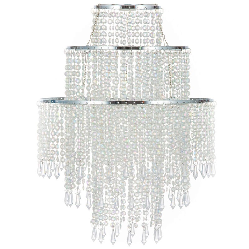 Waneway Large 3 Tiers Beads Pendant Shade, Ceiling Chandelier Lampshade with Acrylic Jewel Droplets, Beaded Lampshade with Chrome Frame and Sparkling Beads, Diameter 12.6 inches, Clear - Image 1